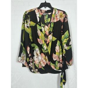 SOHO Jeans Women's Sz XXL Tropical Floral Hawaiian Wrap Top 3/4 Sleeves (D)